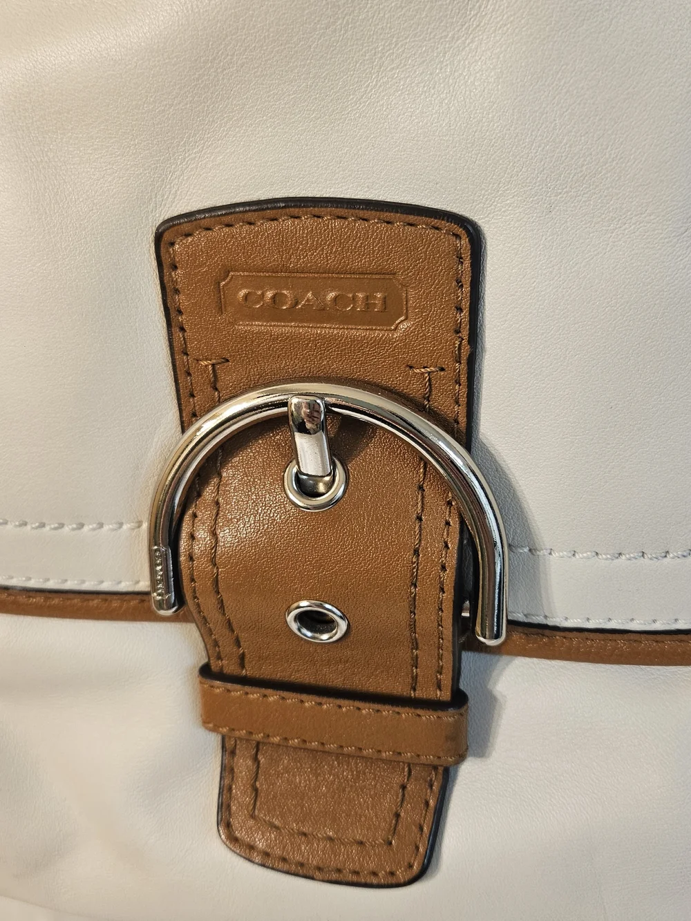 Coach Cream Leather Hobo with Brown Trim and Buckle